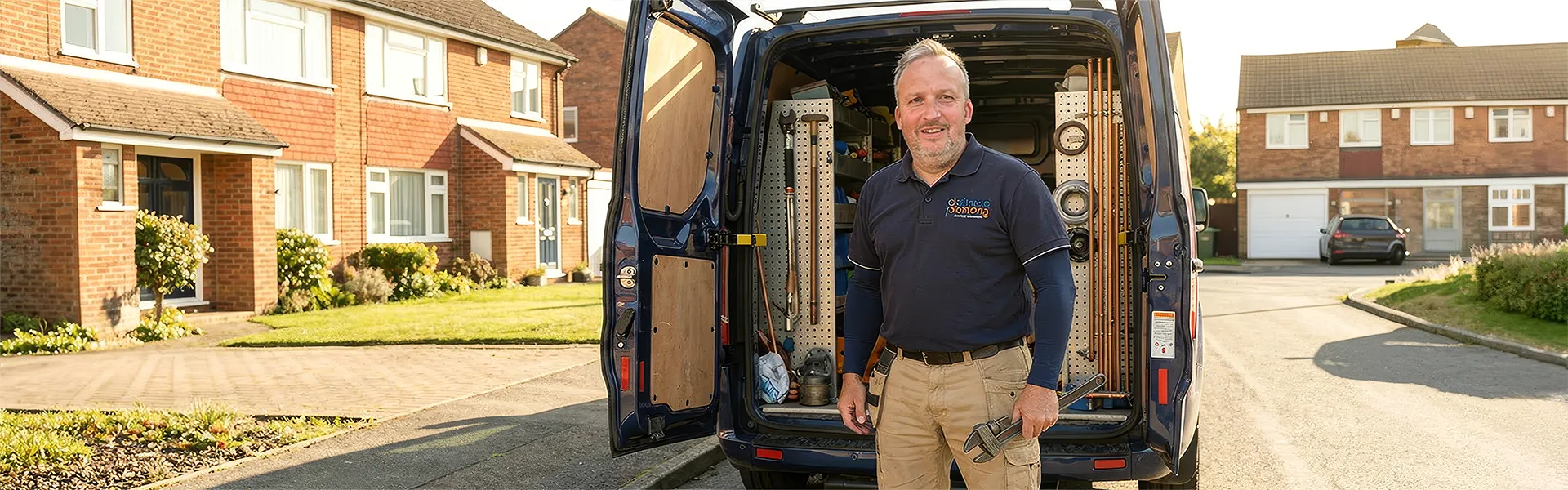 A friendly plumber named Tony standing in front of his open work van on a residential street, holding a wrench and smiling.
